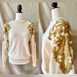 VINTAGE 90s Lambswool Angora Gold Sequined Embellished Sweater - M